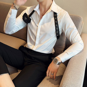 长期做~网红皮背带装饰设计感衬衫男长袖帅气休闲痞帅C5123-P80图片