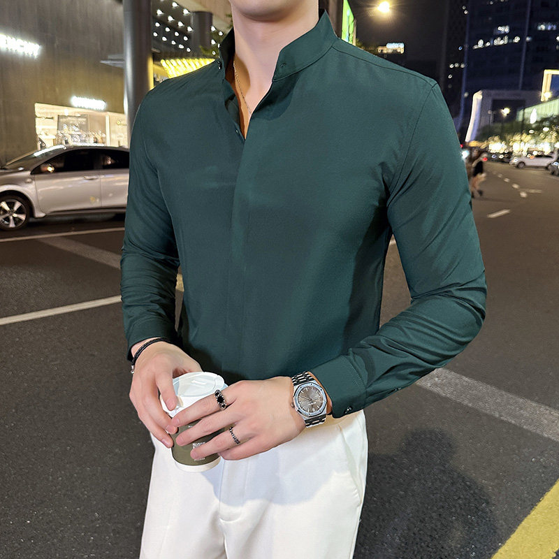 高级感新中式圆领衬衫男商务衬衣立领设计感上衣绿色C6622-P58图片
