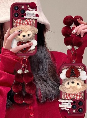 适用1716promax红色格纹iPhone15带手链14plus可爱13仙女12卡通11潮xs硅胶防摔air保护套毛绒公仔