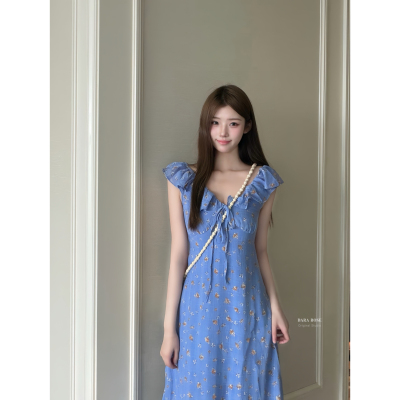 DARA ROSE-茶歇碎花蝴蝶结显瘦收腰碎花荷叶边设计感女人味连衣裙