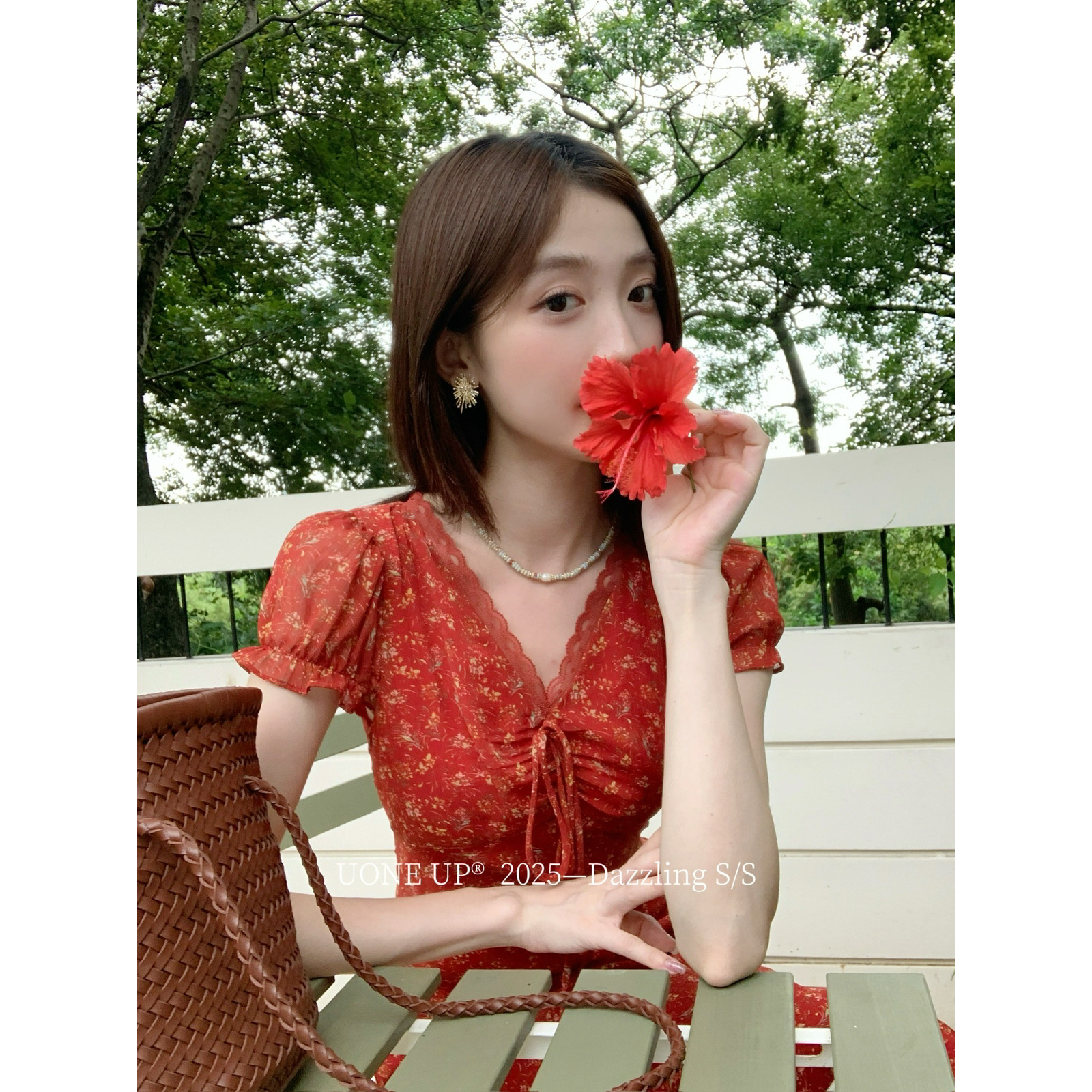 法式浪漫碎花显瘦粉嫩甜美气质修身显瘦朱红小碎花荷叶边连衣裙