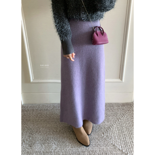 DARA ROSE-漂亮奶油紫针织高腰包臀长裙直筒裙半身裙（含40浣熊绒