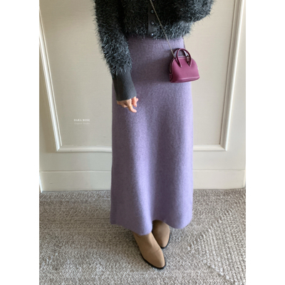 DARA ROSE-漂亮奶油紫针织高腰包臀长裙直筒裙半身裙（含40浣熊绒