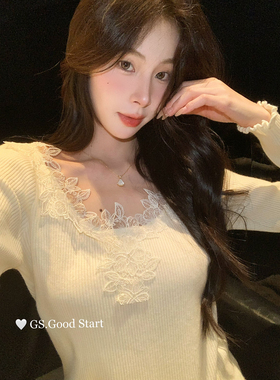 温婉姐姐一眼沦陷秋冬气质纯欲刺绣蕾丝修身打底V领针织衫