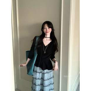 针织衫 DARA 配飘带 不规则韩系荷叶边V领上衣小衫 设计款 ROSE 款