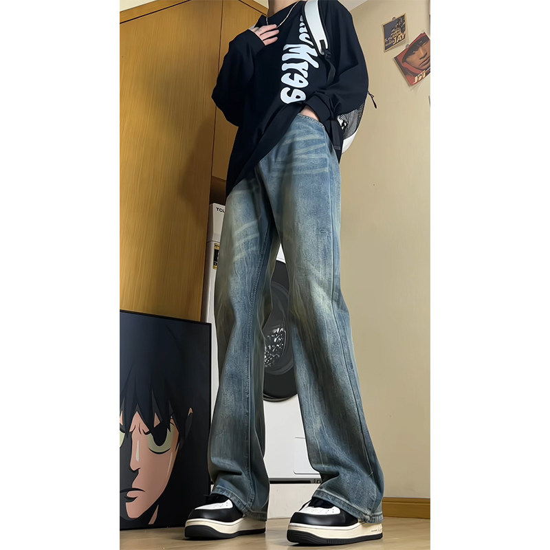 蓝色微喇牛仔裤男款春秋季2025新款cleanfit潮牌水洗宽松阔腿长裤,男装牛仔裤,电商B329