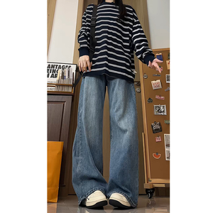 2025秋季中性简约百搭直筒裤水系微喇裤男女牛仔裤KS022P50控78图片