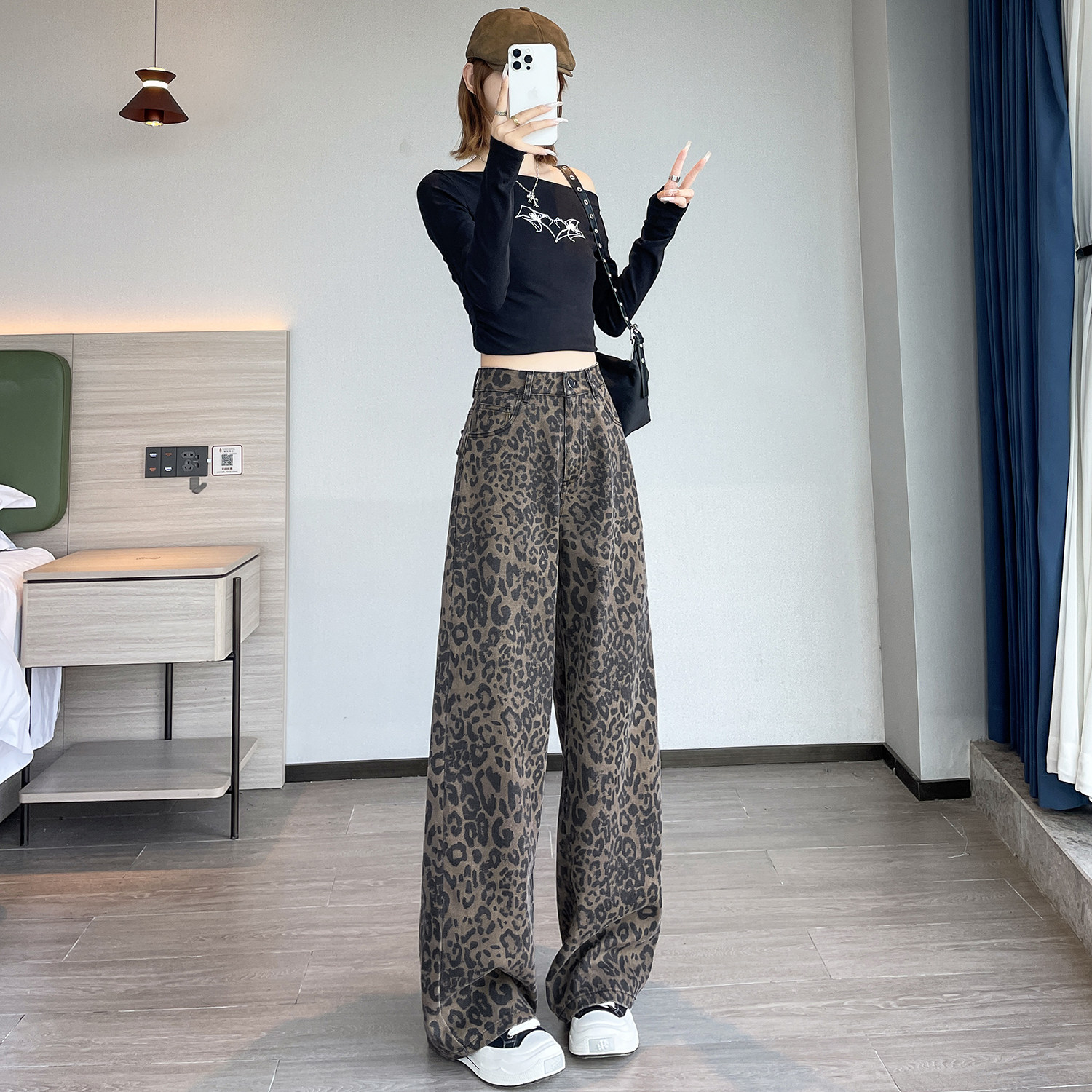 秋冬季加长小个子美式豹纹工装裤牛仔裤女WH6923P60控88,男装牛仔裤,电商B329