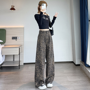 秋冬季加长小个子美式豹纹工装裤牛仔裤女WH6923P60控88图片