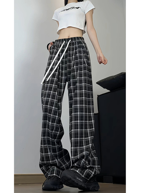 薄款黑色格子裤女夏季宽松垂感休闲阔腿裤子B329-WH6706P48控69