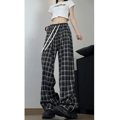 薄款黑色格子裤女夏季宽松垂感休闲阔腿裤子B329-WH6706P48控69