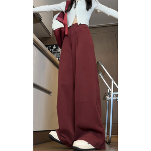 春季安可拉红棉抗皱休闲工装裤女老钱风阔腿裤WJ1633P60控88图片