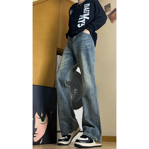 蓝色微喇牛仔裤男款春秋季2025新款cleanfit潮牌水洗宽松阔腿长裤图片