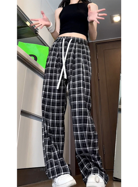 2025黑色格子裤女夏季宽松垂感休闲阔腿裤子B329-WH6706P48控69