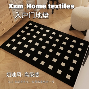 奶油风高级感地毯黑白格子入户门光脚垫卧室书房编织圈绒地垫 法式