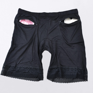 四角裤 带兜布袋女防盗内裤 双口袋双拉链平角蕾丝防走光安全打底裤