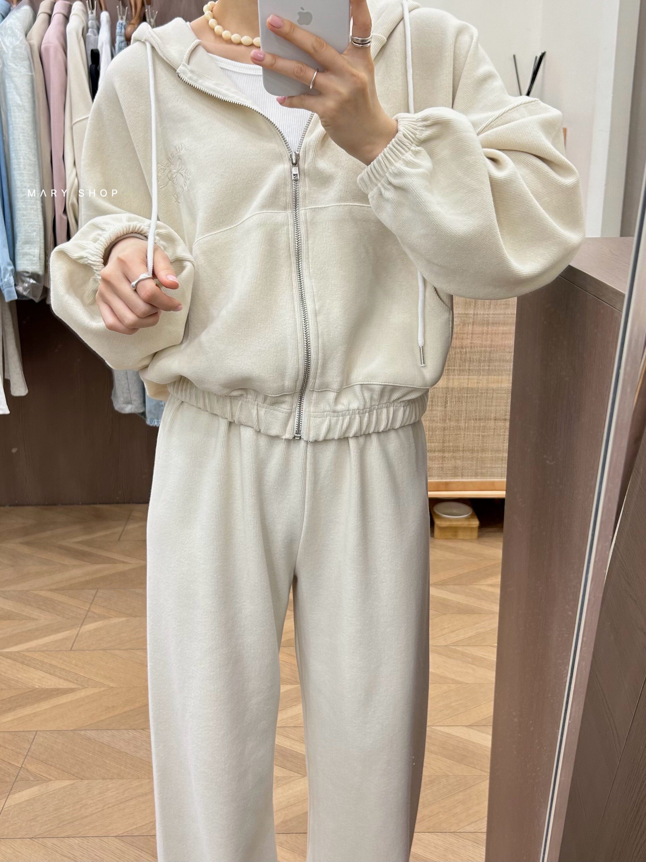 包邮韩国东大门正品 春夏高品质螺纹连帽刺绣外套运动裤套装女2色