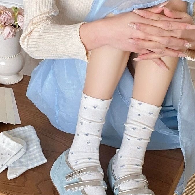 白色袜子女春夏薄款蝴蝶结日系百搭中筒袜配运动鞋韩系ins堆堆袜