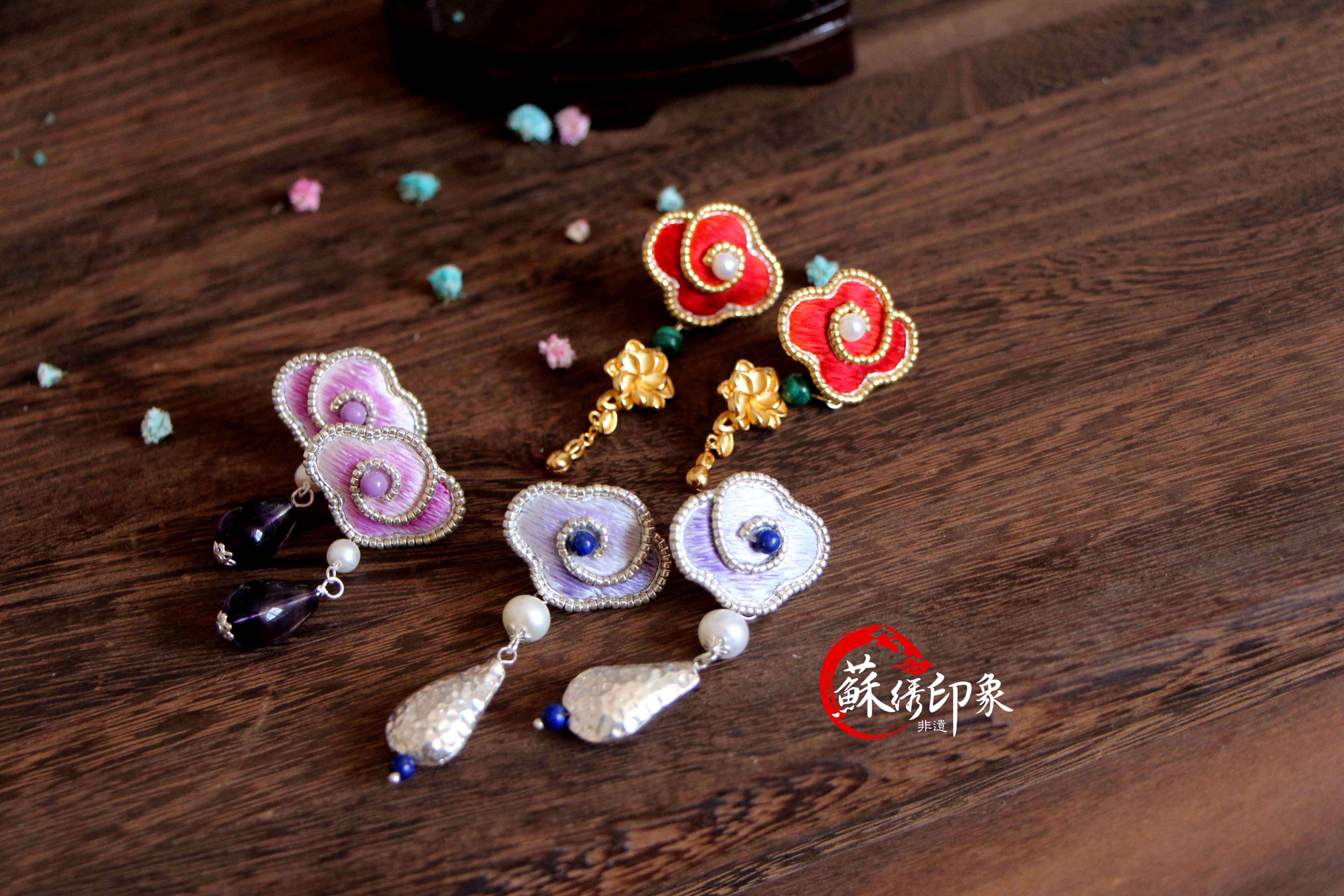 纯手工苏绣耳钉 绣花祥云耳坠 刺绣中国风纯银饰品