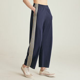 运动风条纹拼接直筒轻薄休闲宽松显瘦长裤 复古弯刀裤 小溪家美式