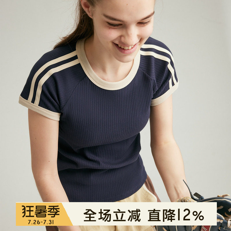 小溪家美式撞色罗纹短袖女修身高弹棉质T恤复古显瘦运动健身上衣