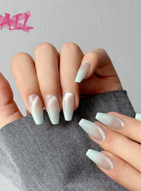 薄荷曼波猫眼晶石渐变手工穿戴甲碎冰蓝夏日氛围感美甲送果冻胶