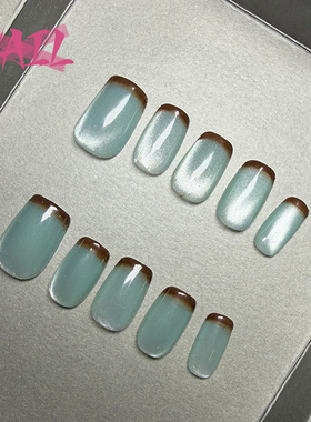 手绘穿戴甲猫眼短款中式国风甲片精致设计款日常美甲片