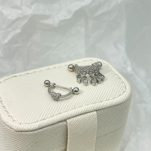 S925银超闪流苏心形马蹄环高级流苏链气质fairy仙女系耳钉耳骨钉