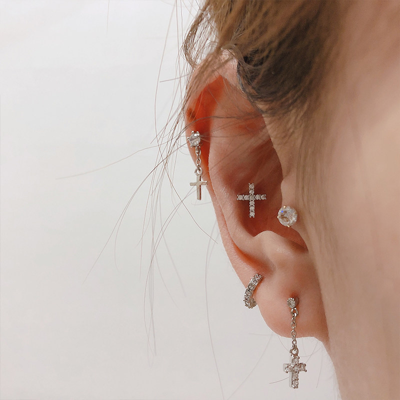 韩国钛钢闪钻十字架潮人双面耳蜗