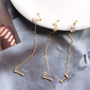 双耳洞连体长条耳骨链耳钉一体式 钛钢双耳洞链条连线 耳线长款