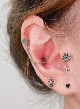 新款钛钢国潮复古独特耳骨钉耳钉弯杆玫瑰花皇冠螺丝rook钉高级感