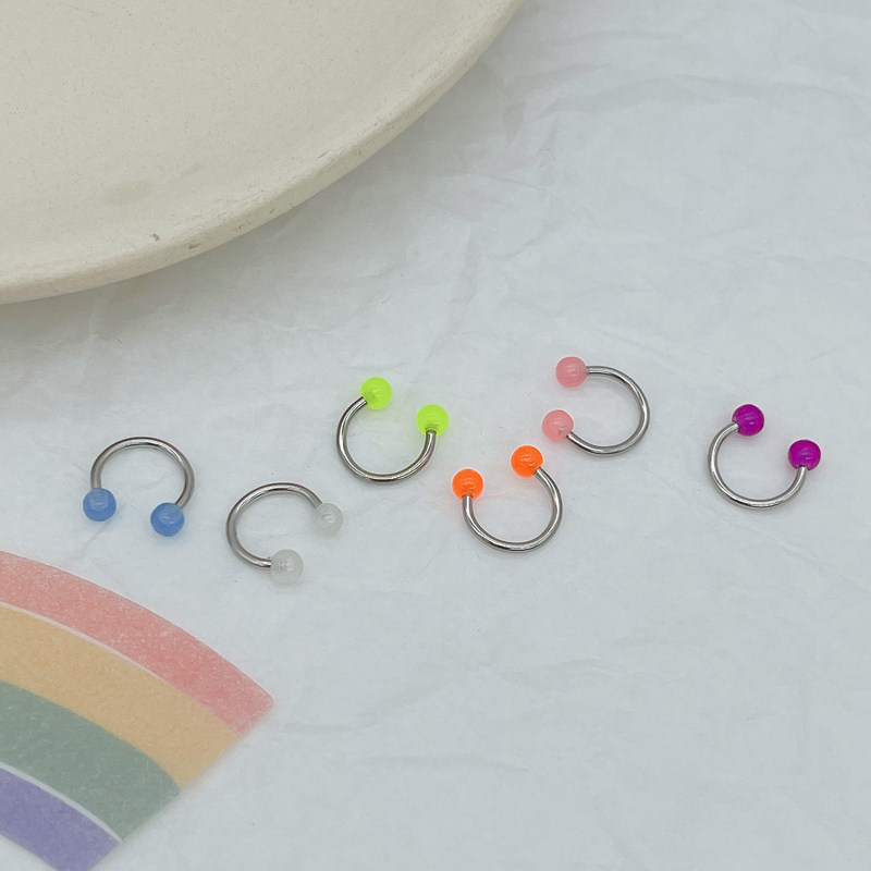 日韩新款钛钢粗针耳骨钉彩色U型荧光糖果色球球