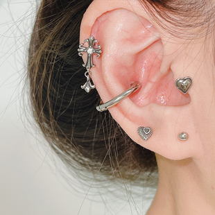 猴子家原创钛钢酷盖复古爱心十字架骷髅鬼脸纽扣螺丝拧扣耳骨钉