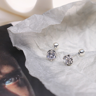 韩国925纯银耳钉简约冷淡风复古皇冠超闪耳骨钉螺丝拧扣钻石耳钉