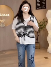 Трикотаж 大码女装假两件抽绳正肩针织t恤女胖mm遮肉显瘦宽松短袖夏季上衣