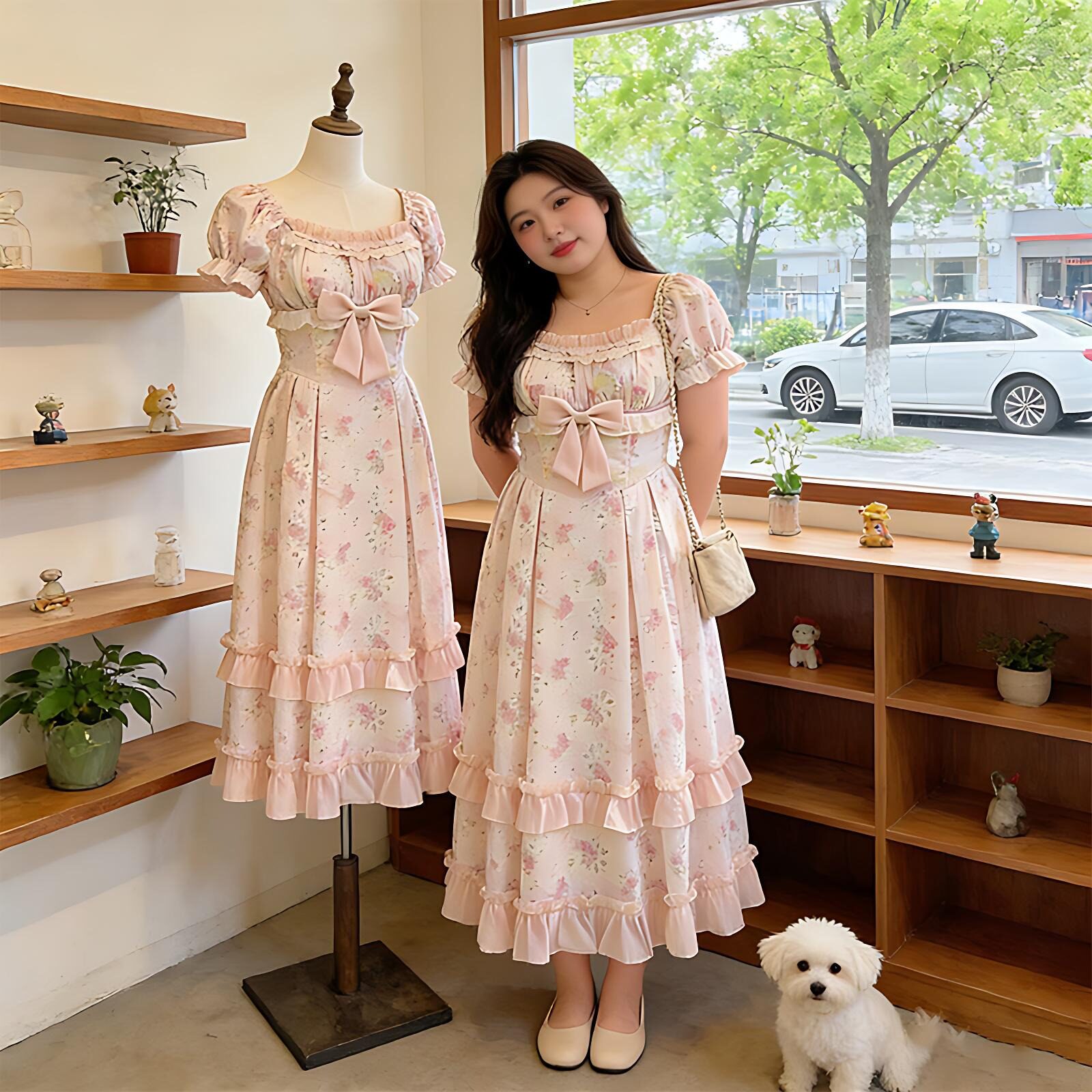 thumbnail for Plus-size giant good-looking cut-out embroidered flower bow square neck dress for women 2026 summer new slimming floral skirt