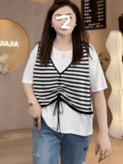 Трикотаж 大码女装假两件抽绳正肩针织t恤女胖mm遮肉显瘦宽松短袖夏季上衣