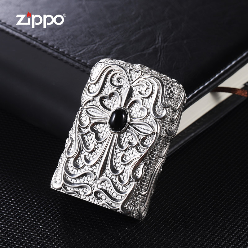 zippo打火机999纯银墨宝石正版盔甲男士煤油防风正品收藏限量款