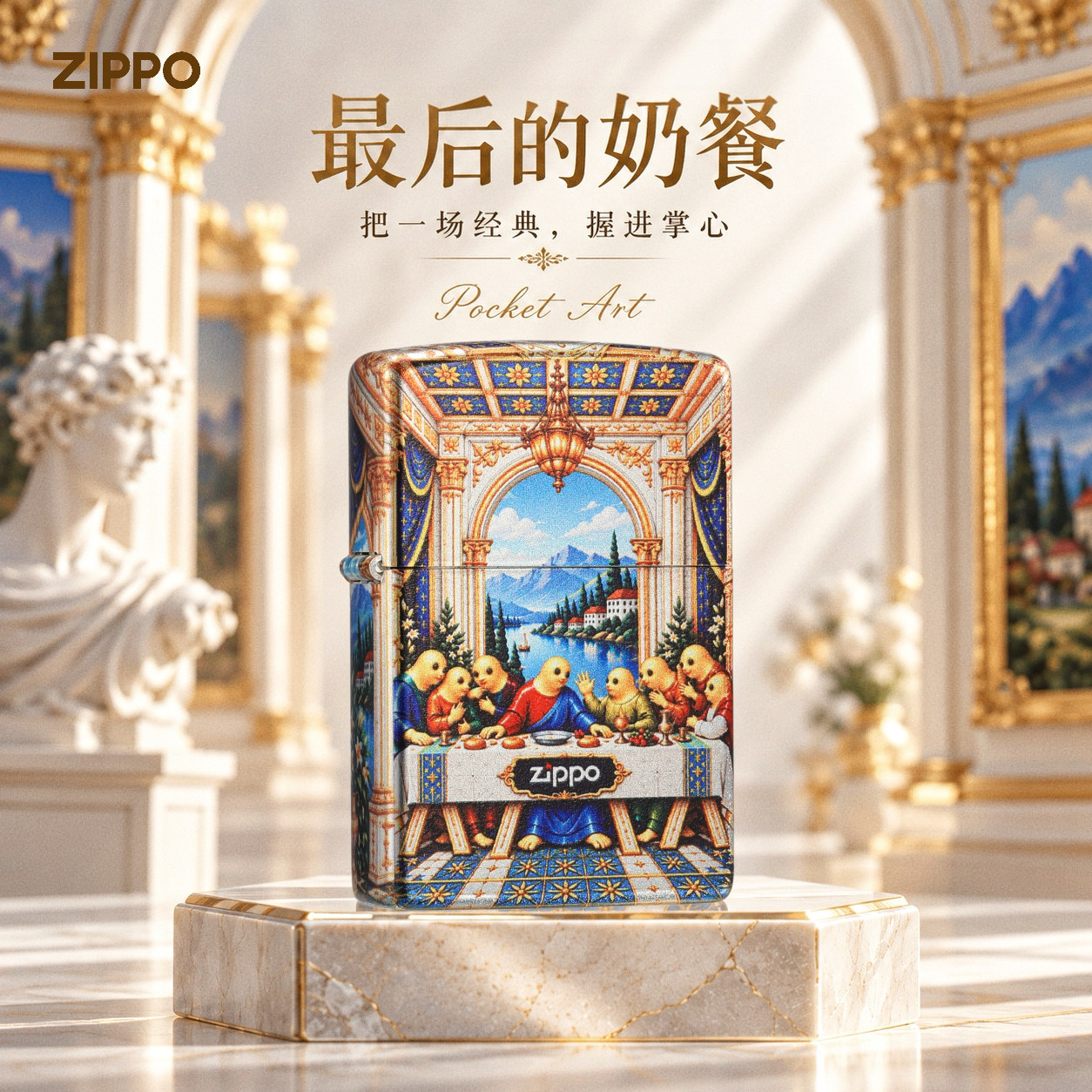 zippo打火机官方店正品镀银彩绘最后的奶餐创意礼物煤油防风外壳