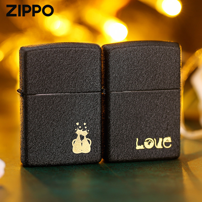 zippo打火机经典黑裂漆LOVE喵守一生送男友礼物正品创意定制正版