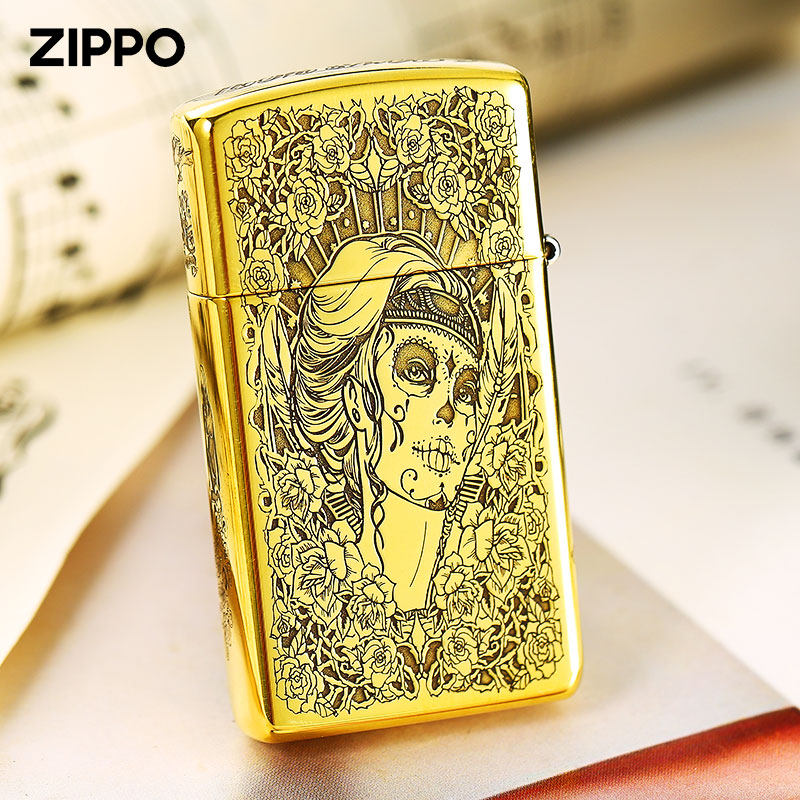 zippo打火机黄铜窄机骷髅美纤巧机官方正品防风芝宝送礼定制正版