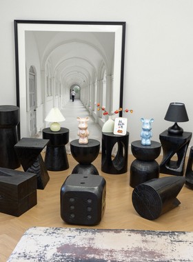 侘寂风碳化黑色墩子实木凳子原木墩坐凳摆件民宿花架圆凳子换鞋凳