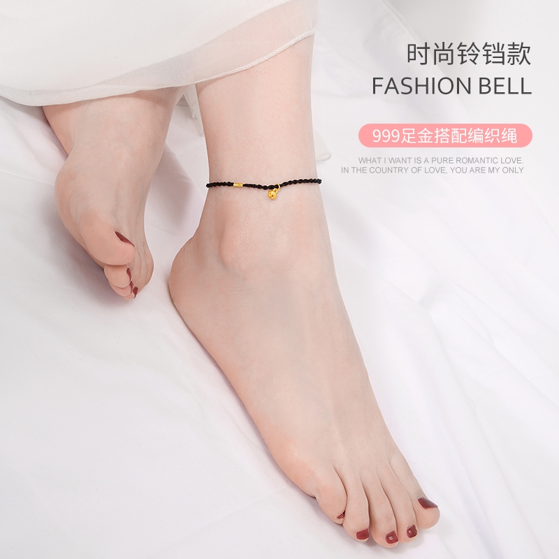 999足金在逃公主蝴蝶结脚链女款转运珠黄金铃铛手工编织性感脚绳