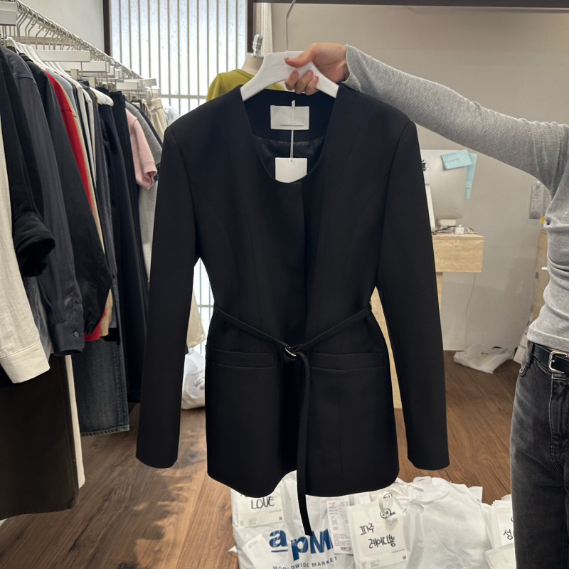 高级感时尚圆领西装外套女2025春秋新款韩版宽松系带气质百搭西服