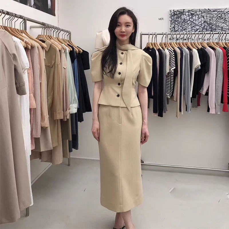 韩版显瘦气质套装裙女2025年夏季薄款短袖西装上衣包臀裙两件套潮