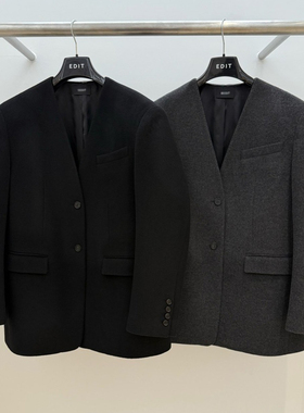 2025秋冬季新款韩版宽松时尚V领毛呢外套女气质加厚单排扣呢大衣