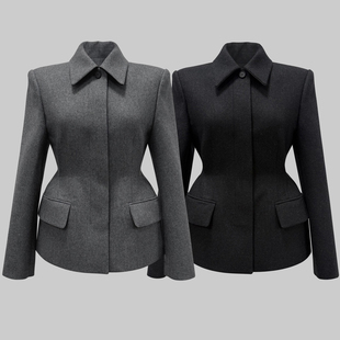 2025秋冬新款韩版时尚收腰显瘦毛呢西装外套女娃娃领高级加厚西服