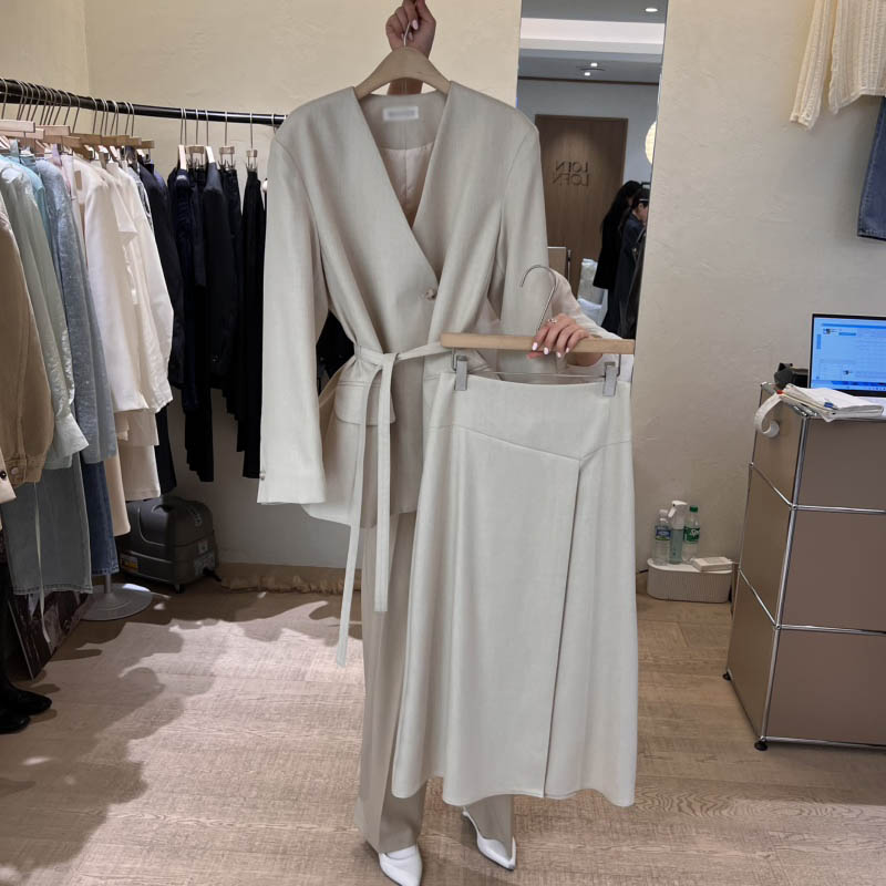 高级感西装外套2025春季新款韩版宽松系带V领西服长裙两件套装女