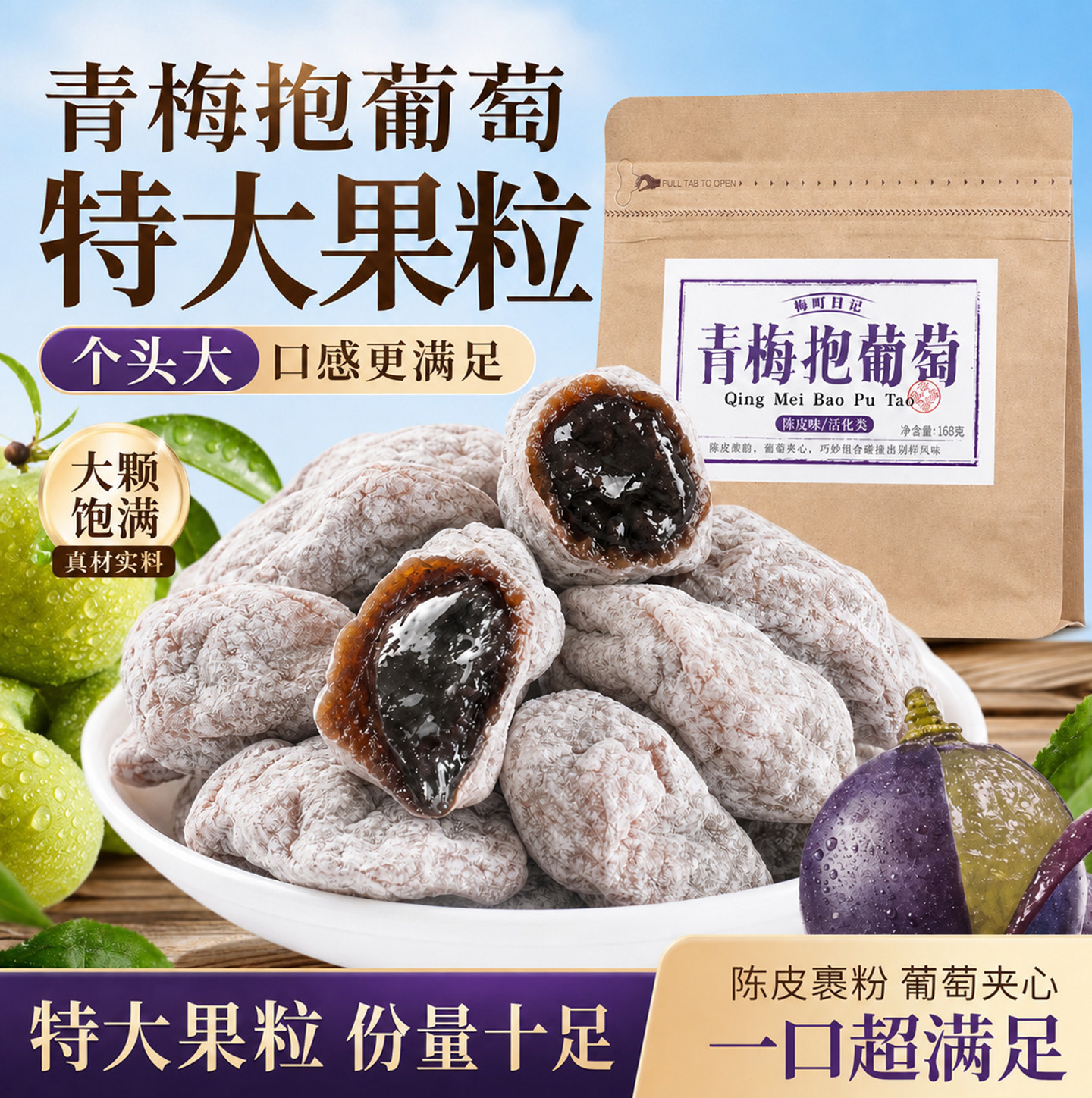 爆浆青梅抱葡萄陈皮原味夹心无核话梅果脯蜜饯解馋酸零食潮汕特产