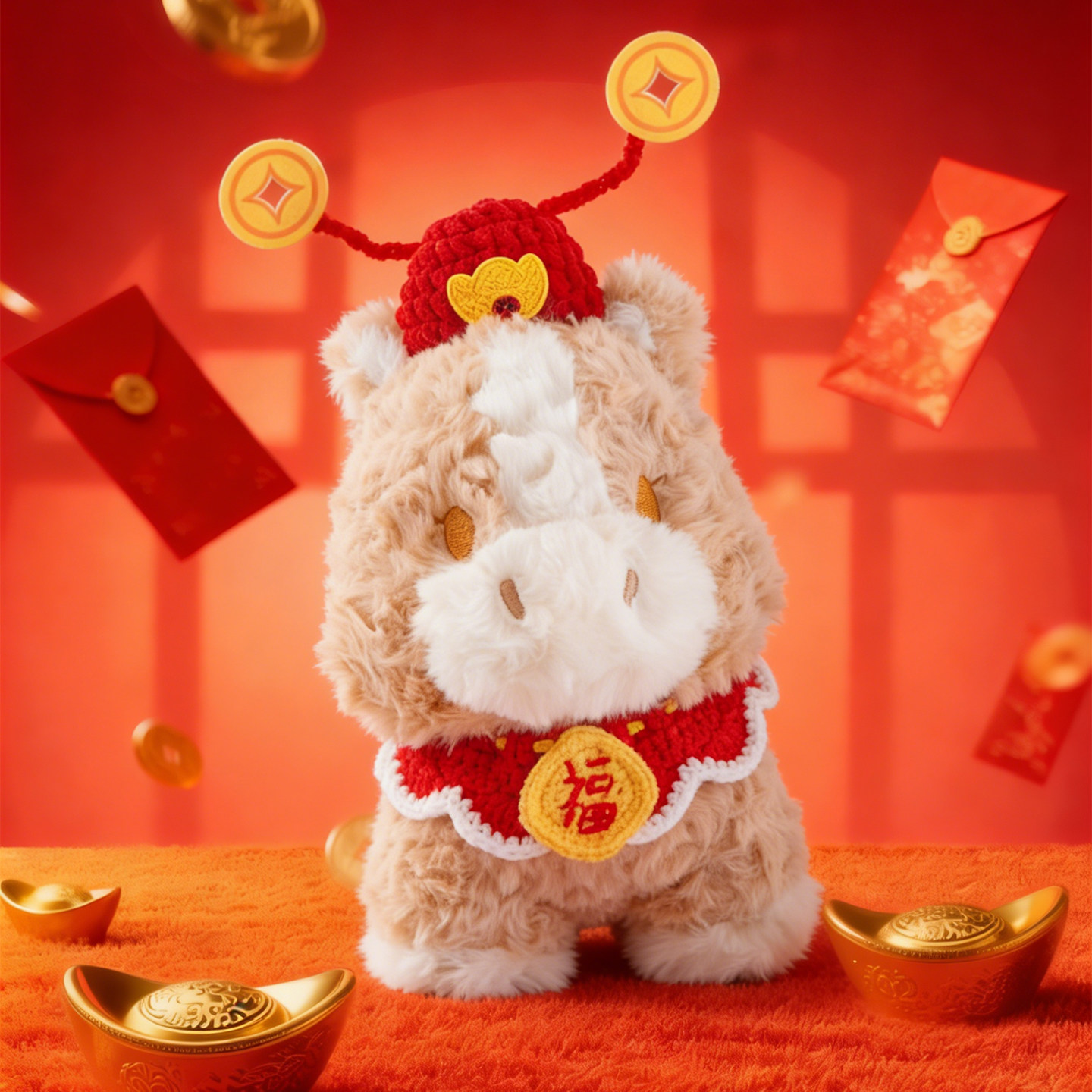 原创福穗生肖小马玩偶马年吉祥物公仔娃娃毛绒玩具女新年礼物装饰